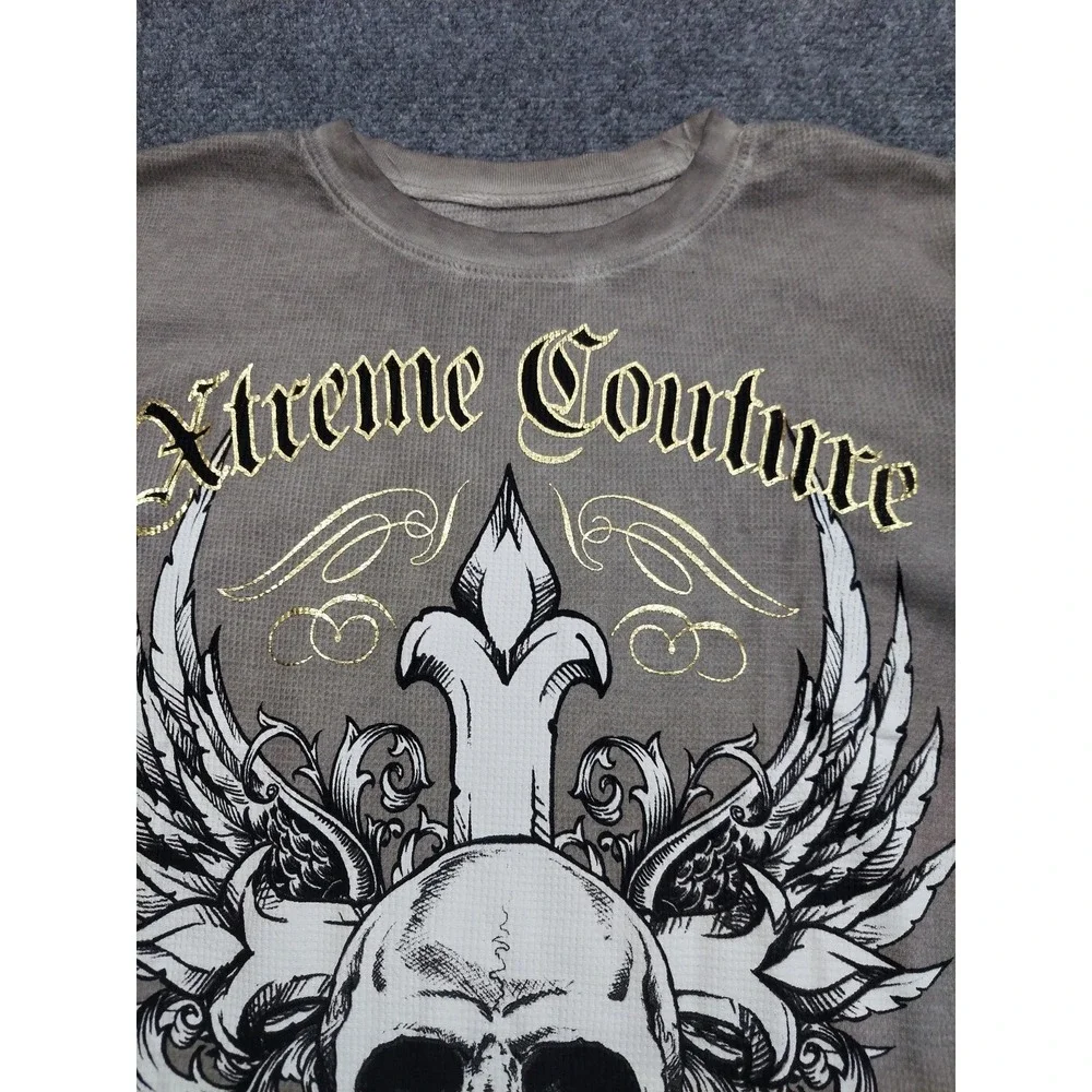 Affliction Xtreme Couture Shirt Men Small‎ Brown Thermal Long Sleeve Skull Cross